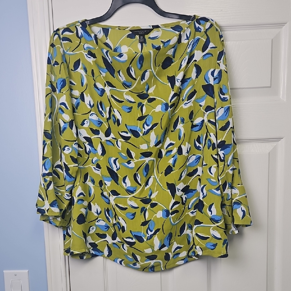 Investments 3/4 Flutter Sleeve Bateau Neckline Plus Top: Lime/Print: Size- 2X